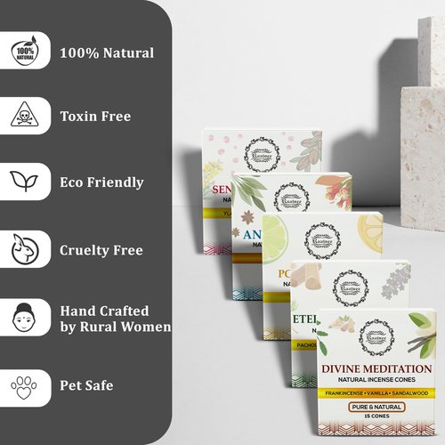 Raajsee Natural Incense Cones,6 Pack Mixed Scents Gift Pack 15 pc Each (90 Total), Insense Cones Variety Pack, 100% Organic Non Toxic Natural - Hand Rolled Free from Chemicals (Pack 3)