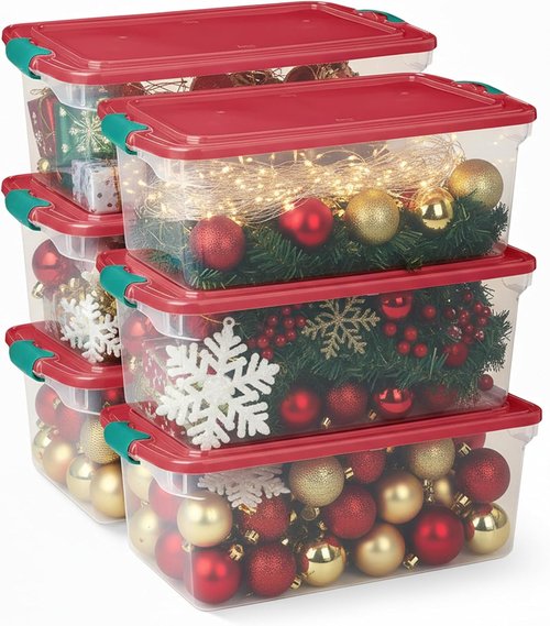 HOMZ 6-Pack Holiday Tote | Clear/Red Plastic Storage Bins with Lids - 64 Quart Stackable Organizers for Home, Garage, Office