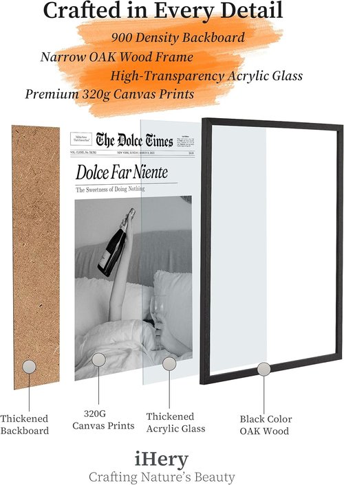iHery Premium Wall Art - Natural Black Oak Framed Canvas Decor | 8x10in Retro "Dolce Far Niente" for Girly Dorms & Living Rooms
