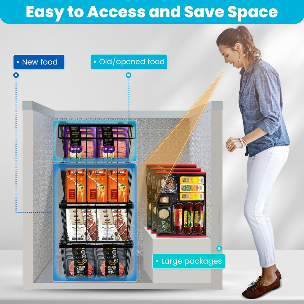 Pateekate Freezer Organizer Bins, 3 Pack Stackable Chest Freezer Organizer Bins for 5 Cu Ft Deep Freezer, Chest Freezer Sort Frozen Meats, Freezer Storage Containers Deep Freezer Organizer Baskets