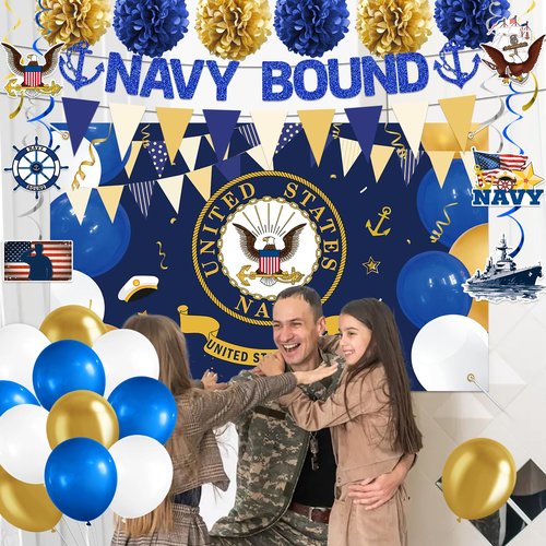 Navy Party Decorations - Navy Bound Banner Boot Camp Decor Military Themed Banner Boot Camp Bound Cupcake Topper Military Backdrop Balloons Tissue Pompoms Swirls