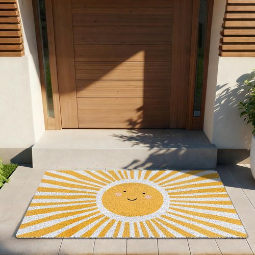 FWSFD Smiling Sun Boho Door Mat, Retro Yellow Sunshine Doormat Non-Slip for Porch Indoor Outside Entrance Entryway, Boho Welcome Mat Front Door, 17x30 Inch