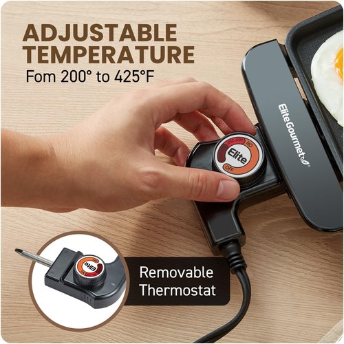 Elite Gourmet EGR8152 Electric 9.75" x 7" Personal Compact Griddle, Cool-touch Handles Non-Stick Surface, Removable/Adjustable Thermostat, Black