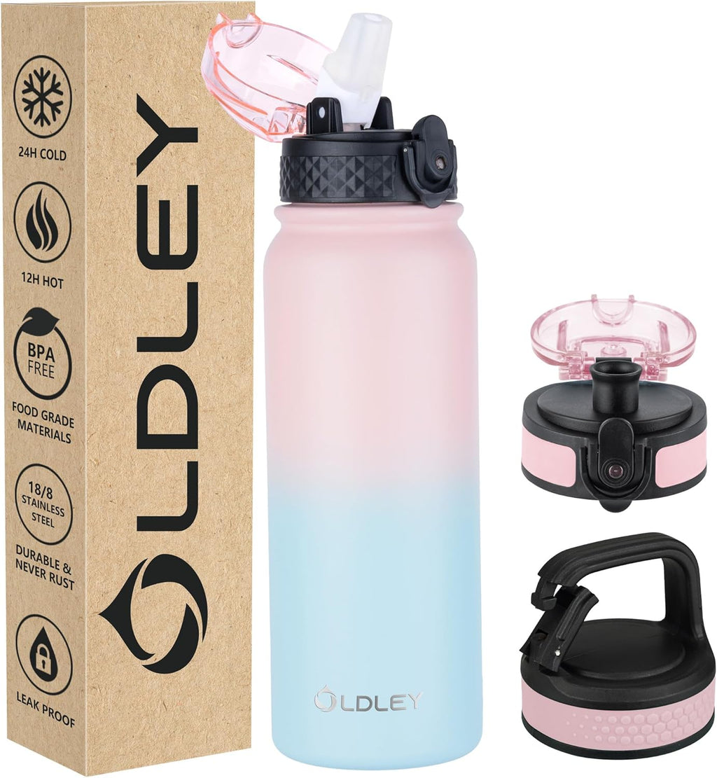 Oldley Insulated Water Bottle - 20oz Stainless Steel with 3 Lids | Double Wall Vacuum for Adults & Kids - Light Pink-Blue
