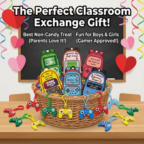 MoimTech Valentines Day Cards Gifts for Classroom, 24 Pcs Game Controller Keychains and 24 Themed Valentine's Day Cards, Gamers Gift Exchange for School Classroom