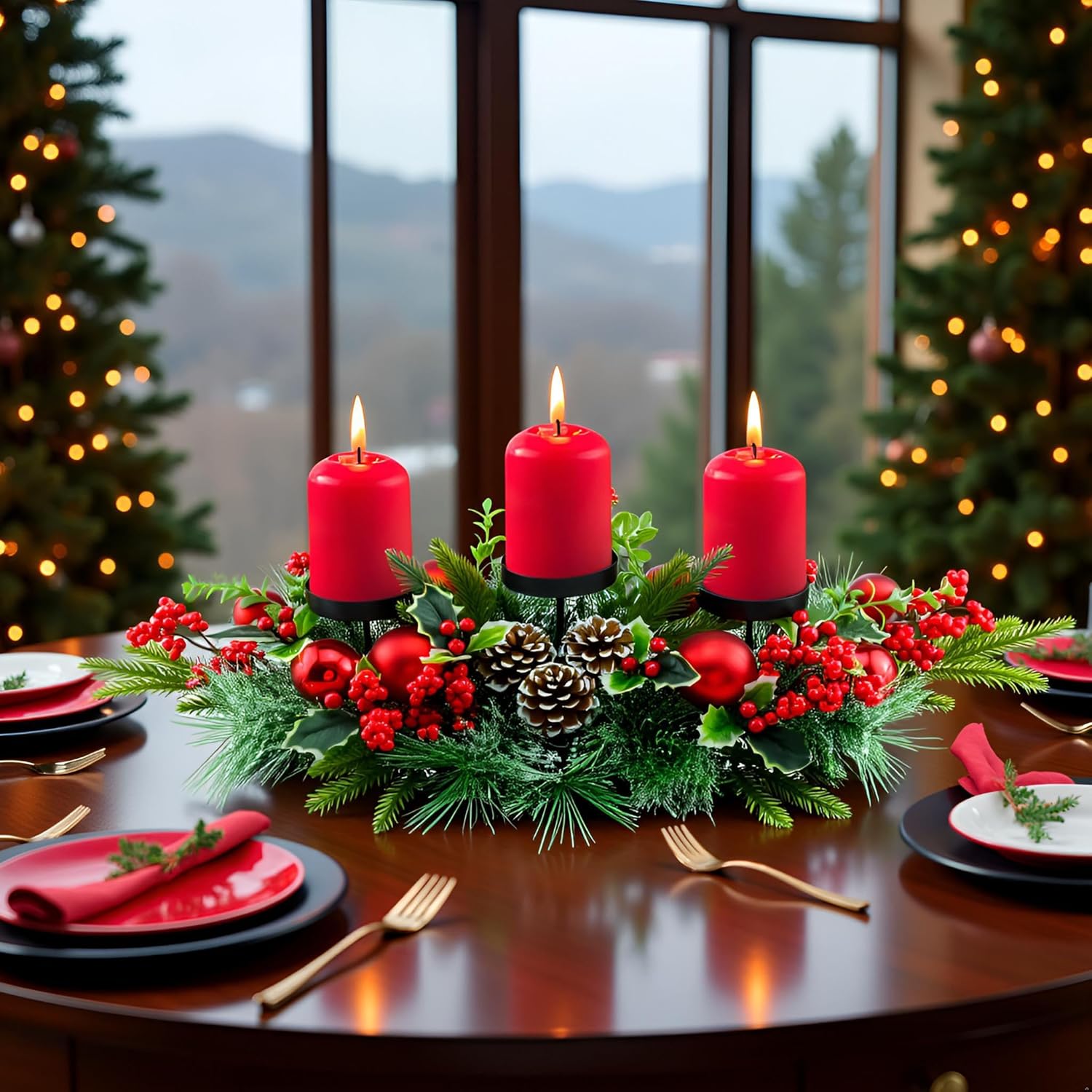 YULETIME 28" Christmas Triple Candelabrum - Festive Candle Holder with Red Baubles & Natural Pine Decor