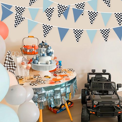 32Ft Racing Party Decorations Dusty Blue Black White Checkered Racing Car Fabric Banner Triangle Flag Pennant Garland Streamers for Boys Race Car Birthday Racetrack Baby Shower NASCAR Picnic Decor