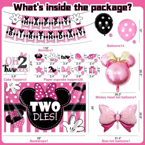 Oh Twodles Birthday Party Supplies Girl, 2nd Birthday Decorations for Girl, 38 Pcs 2 Year Old Bday Decorations, 2nd Pink Bday Decorations