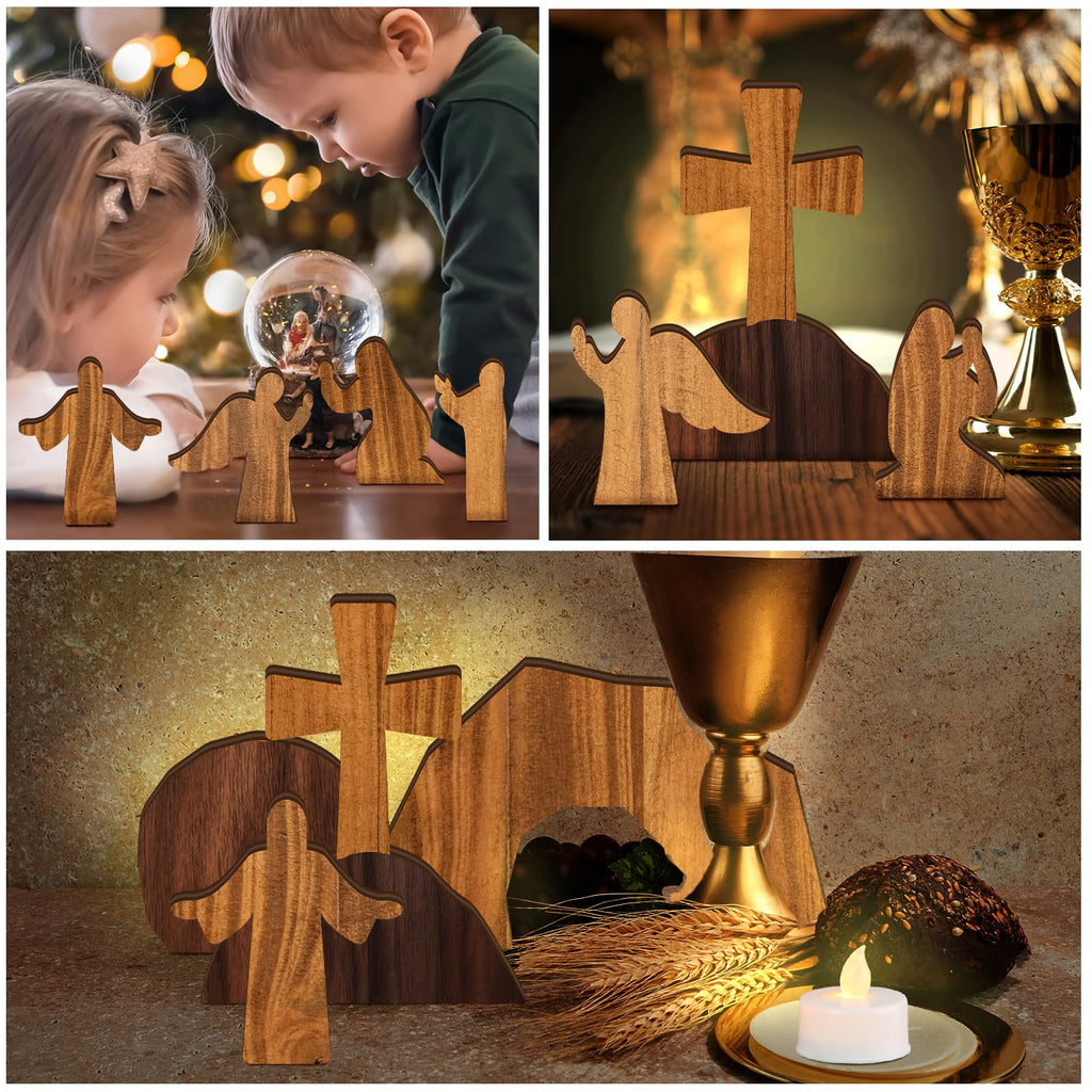 Wesiti 8 Pcs Easter Resurrection Scene Set Empty Tomb Easter Christian Cross Decorations Scene Wooden Decor Jesus Tray Set Tray with Nativity for Home Decoration Collectible Figurines