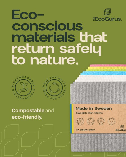 The EcoGurus Original Swedish Dishcloth – Made in Sweden, 10 Cloths, Reusable & Biodegradable Cellulose Sponge for Kitchen, Suitable for All Surfaces, Odour Resistant Eco Cleaning – Multi-Coloured