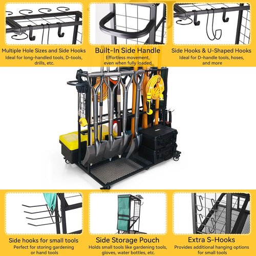 Garden Tool Organizer | Heavy-Duty Storage with Wheels - Large Holder for Lawn, Patio, Shed