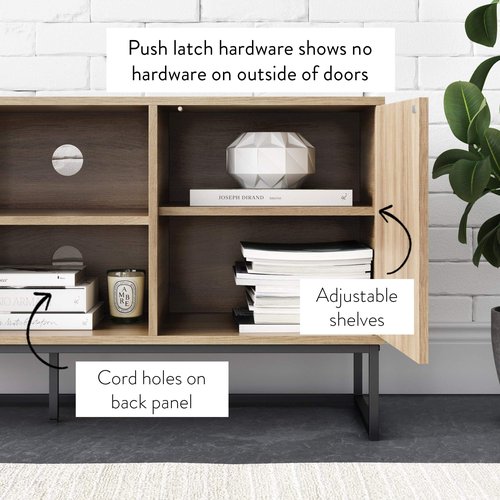 Nathan James Dylan Media Console Cabinet or TV Stand with Doors for Hidden Storage in a Natural Reclaimed Oak Herringbone Wood Pattern and Metal, Oak/Matte Black