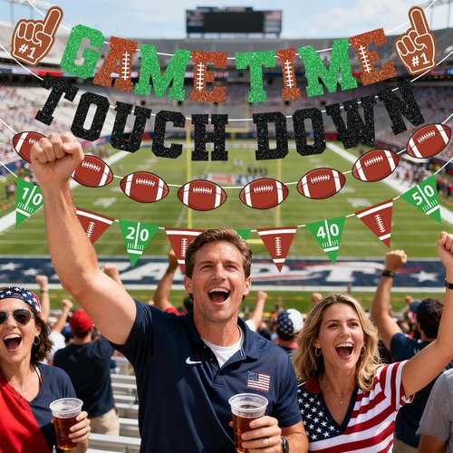 Football Decorations Game Time Touch Down Pre-Strung Football Banner Sports Party Favors Supplies for Indoor Home Birthday Flags