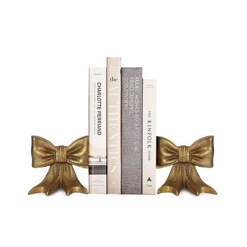 Remenna Gold Bow Metal Bookends Set of 2 Heavy Duty Cast Iron Book Ends for Heavy Books Unique Modern Decorative Book Holders for Shelves Home Accent Decor
