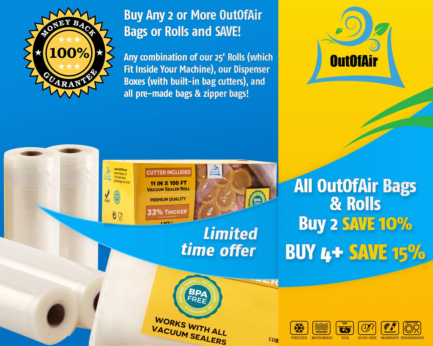 6" x 25' Rolls (Fits Inside Machine) - 4 Pack (100 feet Total) OutOfAir Pint Vacuum Sealer Rolls. Works with FoodSaver Vacuum Sealers. 33% Thicker, BPA Free, Sous Vide, Commercial Grade