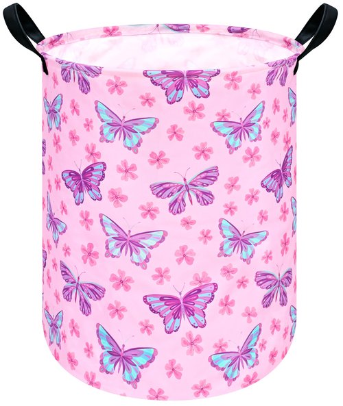 HUAYEE Round Butterfly Pattern Laundry Hamper Storage Basket Fabric Material Storage Hamper Organization Basket, Storage Bin, Gift Box with Handles for Room