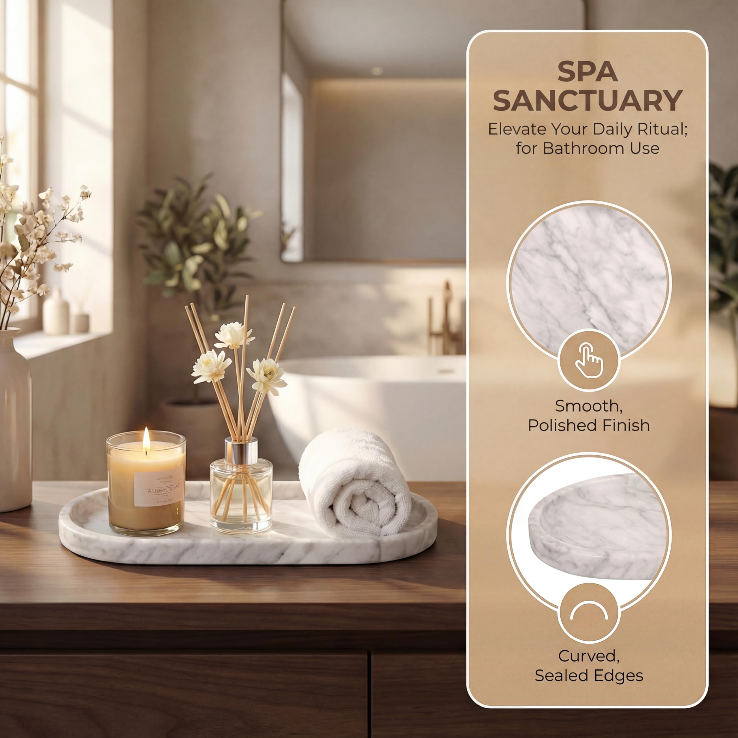 YKAJO 11.6" x 5.9" Oval Real Marble Tray for Bathroom & Kitchen Counter — 100% Natural Stone Decorative Vanity Tray for Dresser & Perfume — Heavy Catchall Organizer for Soap & Jewelry, White Gray