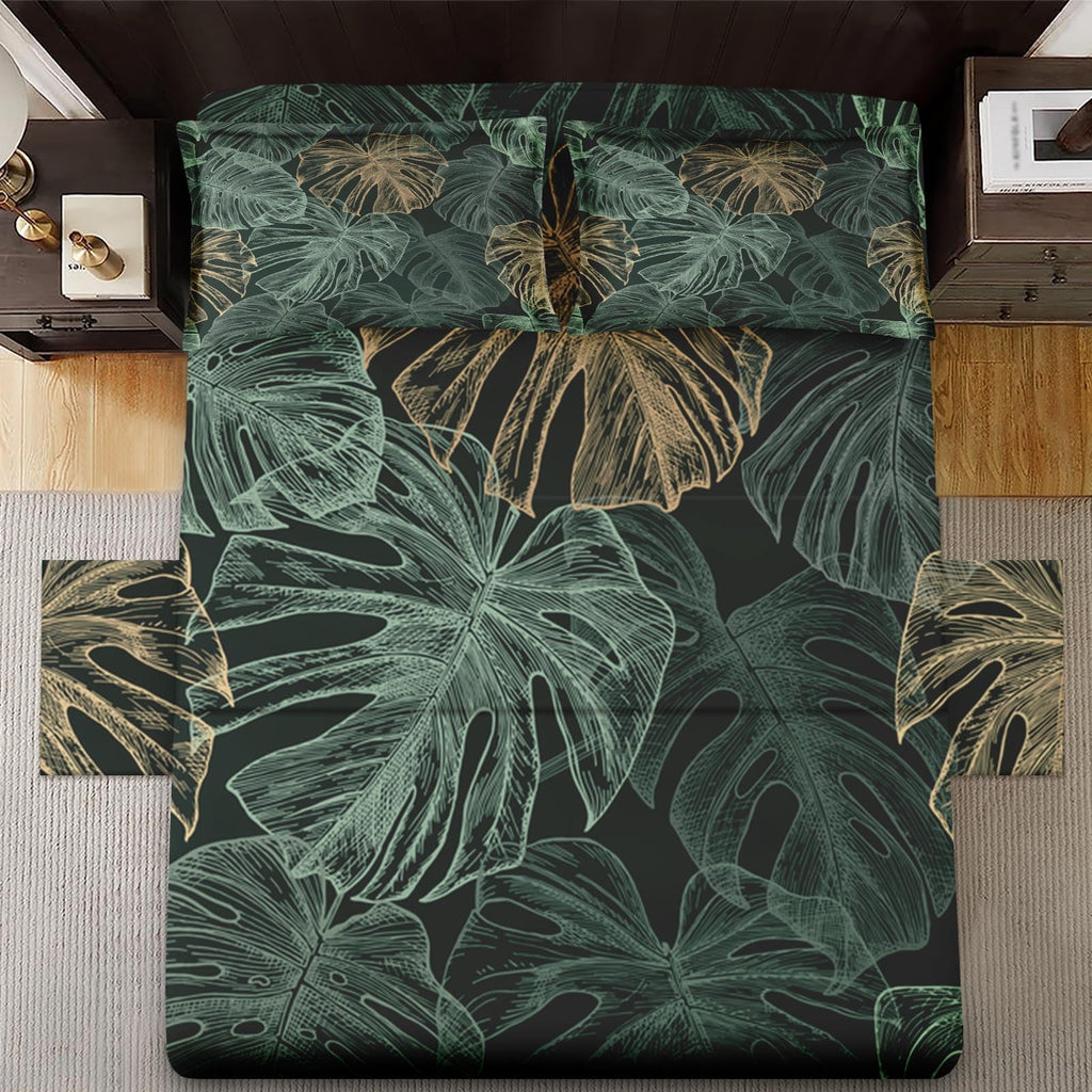 WeCozy Queen Size Bed Sheet Sets with Pillowcases, Green Golden Tropical 4 Pcs Soft Microfiber Bedding for Kids and Adults, Leaves Monstera Palm Flat, Fitted Sheet for Bedroom Bed Decor