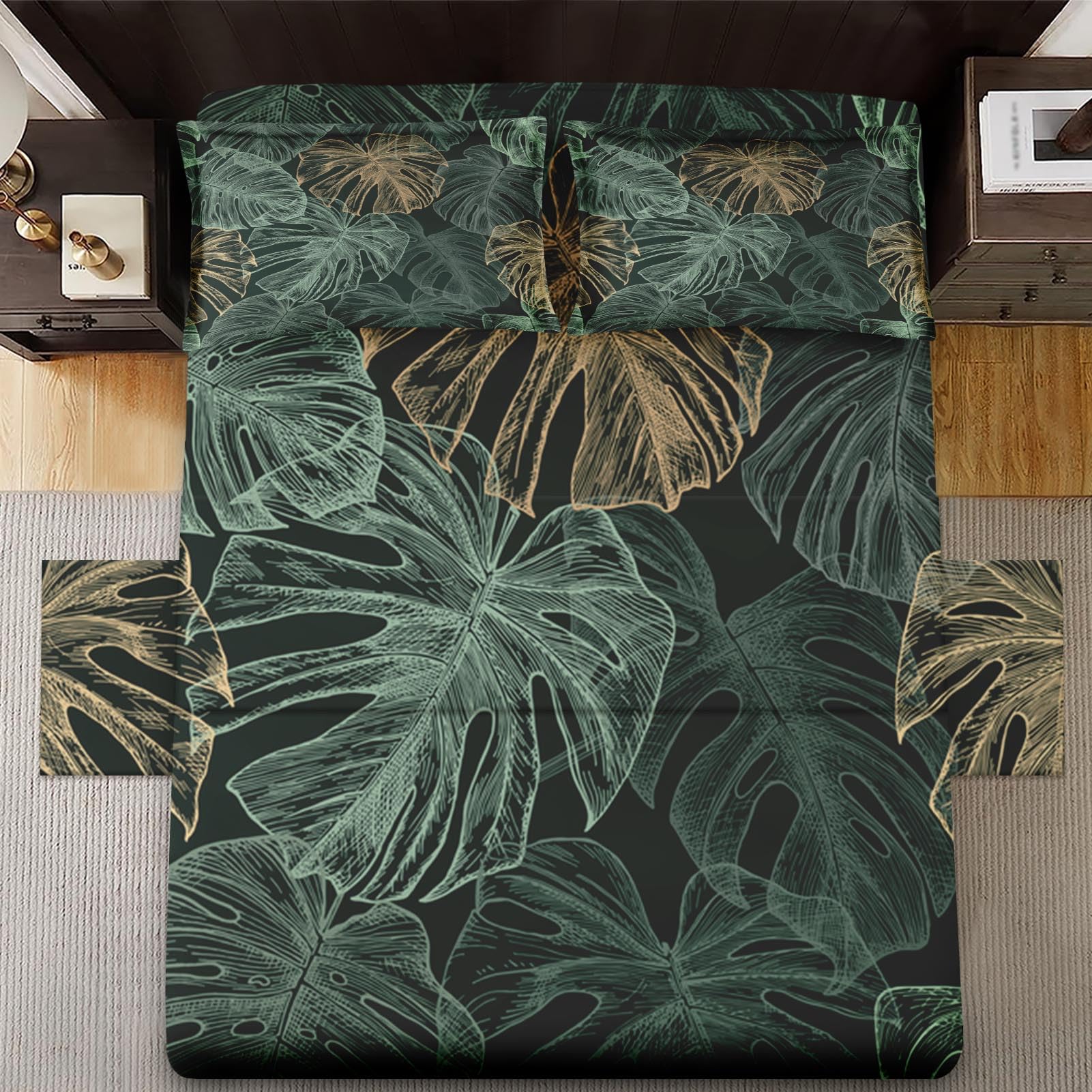 WeCozy Queen Size Bed Sheet Sets with Pillowcases, Green Golden Tropical 4 Pcs Soft Microfiber Bedding for Kids and Adults, Leaves Monstera Palm Flat, Fitted Sheet for Bedroom Bed Decor