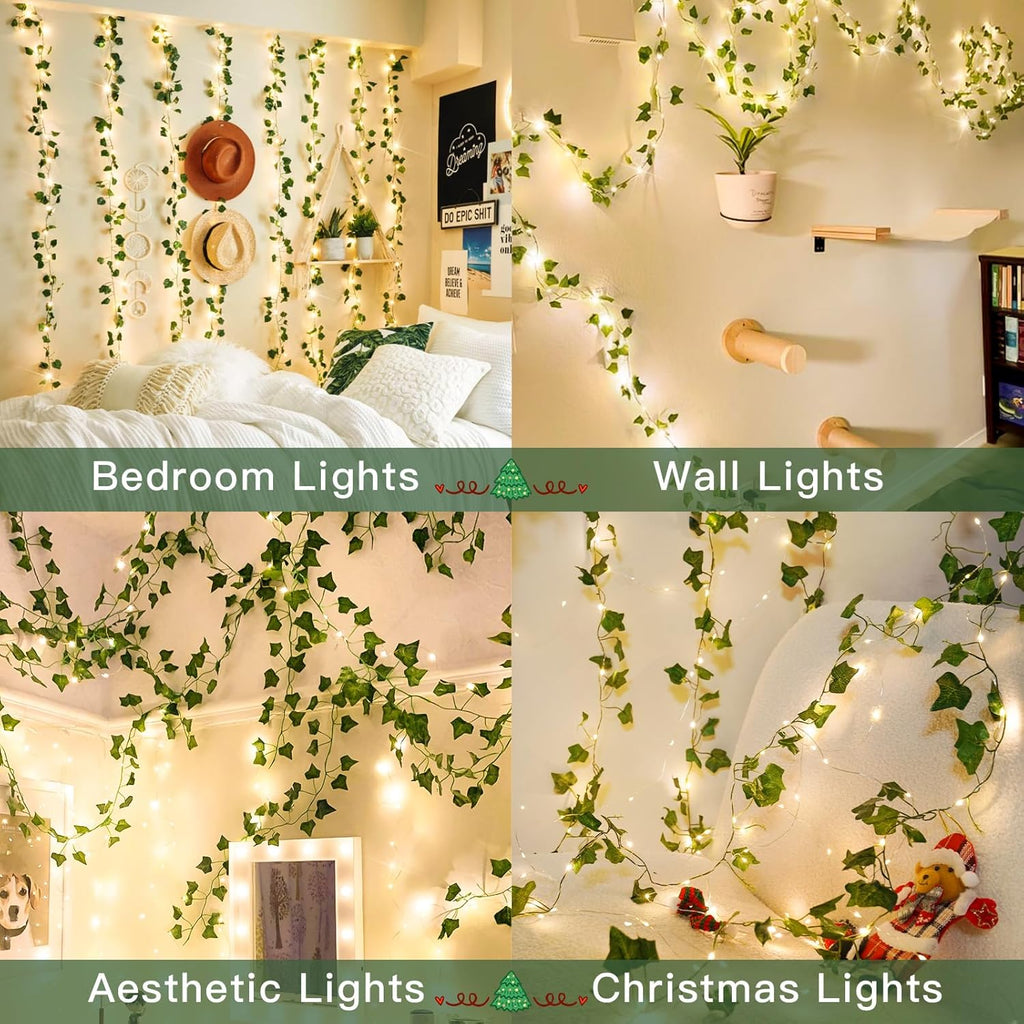Suddus Ivy String Lights - 33ft 100 LED Battery Operated Fairy Lights with Remote | Warm White for Bedroom, Garden, Party Decor