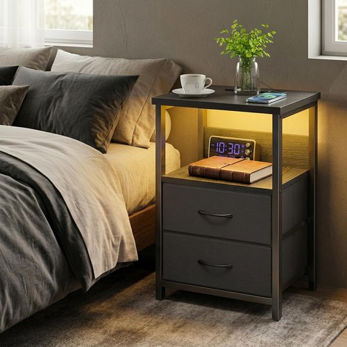 Fixwal Night Stand - LED Nightstand with Charging Station & USB Ports, Modern Black with 2 Fabric Drawers