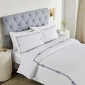 Superior Embroidered Cotton Duvet Cover Set, Soft Bedding Covers, Bedroom, 1 Duvet Cover with Button Closure, 2 Pillow Shams, Elegant Design, Moonlawn Collection, Full Size/Queen Size, White/Navy Blue