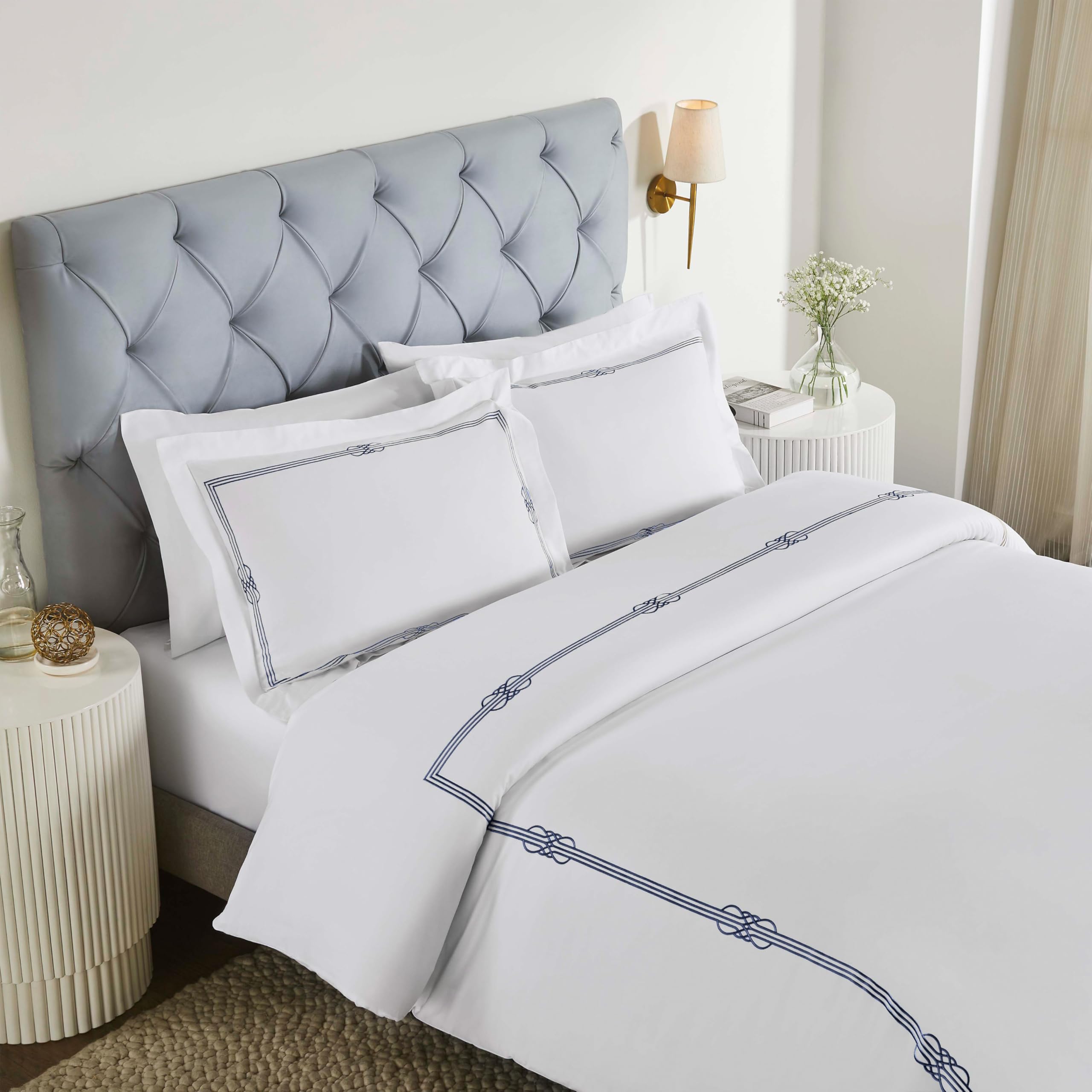Superior Embroidered Cotton Duvet Cover Set, Soft Bedding Covers, Bedroom, 1 Duvet Cover with Button Closure, 2 Pillow Shams, Elegant Design, Moonlawn Collection, Full Size/Queen Size, White/Navy Blue