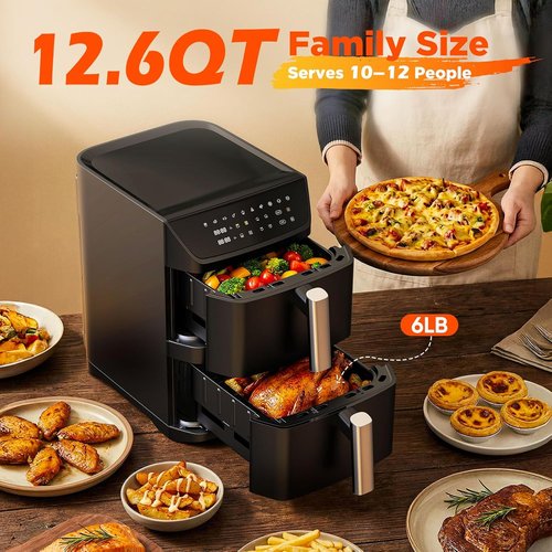 Dual Basket Air Fryer - 12.6QT Family-Size for 10-12 People | XL Basket for 6LB Whole Chicken, 10-in-1 Functions