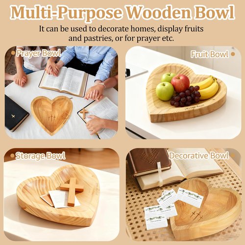 Prayer Bowl with Cards, Heart Prayer Bowl Wooden, Christian Gifts for Women Men, Wood Prayer Dough Bowl, Heart Shaped Decor Bowl, Mothers Day Gifts, Birthday, Retirement, Religious Gift for Mom Dad