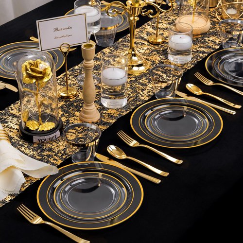 WELLIFE 600pc Gold Trim Plastic Dinnerware Set for Party: 100 Dinner Plates, 100 Dessert Plates, 300 Cutlery, 100 cups