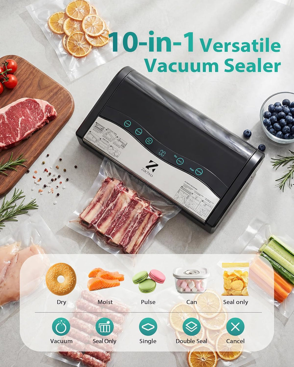 Skiennix Vacuum Sealer Machine - Automatic Food Sealer with Double Heat Seal & Built-in Cutter | Black Starter Kit