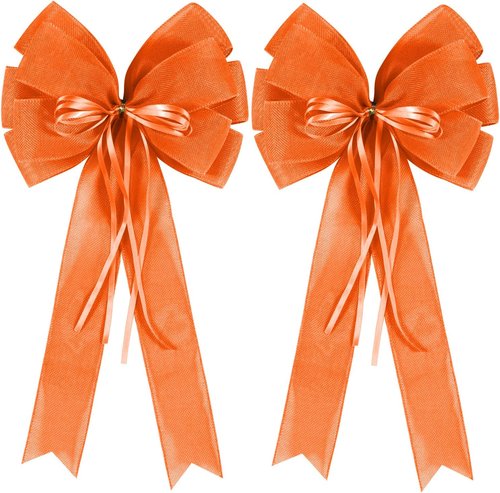Hongsome Fall Bows for Wreaths Decor - 2 PCS Decorative Orange Burlap & Glitter String Bows for Autumn