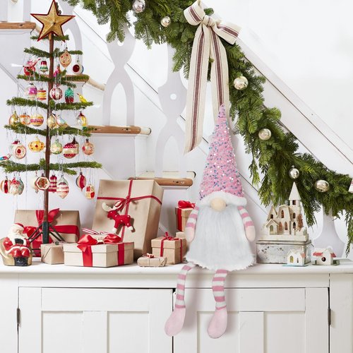 Christmas Tree Topper with Lights,Gnome Tree Topper Lighted Pink Tree Toppers Christmas Decorations Battery Operated Tree Topper with Timer 24.8 Inch