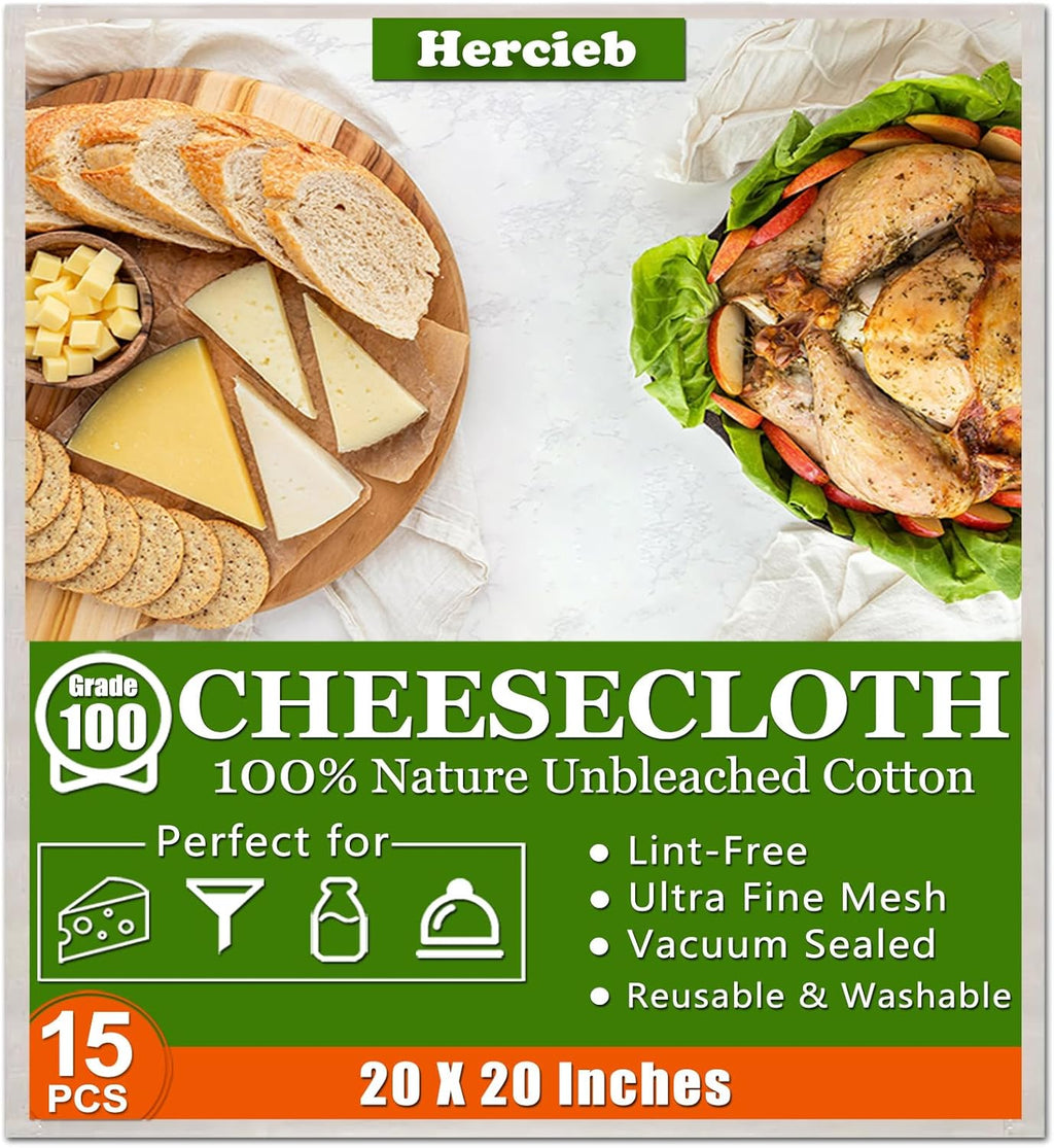 Skiennix Cheese Cloths - 15 Pcs 20x20 Inch Unbleached Cotton Straining Fabric | Reusable Muslin for Juicing & Cooking