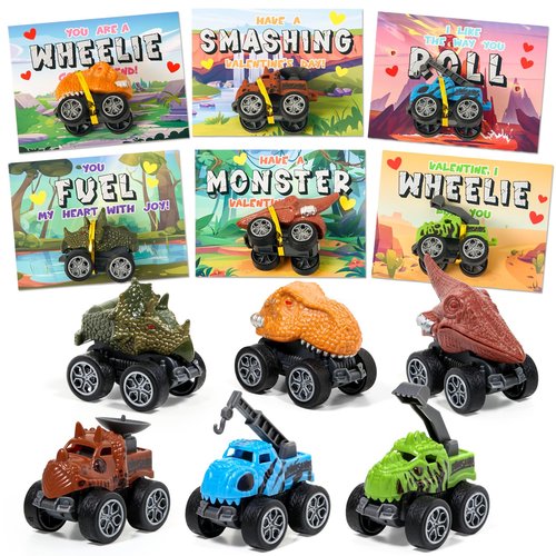 SANANT Valentines Day Cards for Kids School - 24 Pack Pull Back Monster Dinosaur Truck Toys with Cards, Valentines Day Gifts for Kids, Valentines Classroom Exchange Prizes, School Party Favor Toys