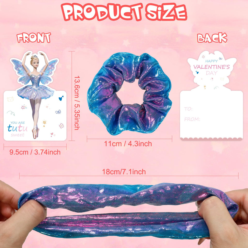 pozemu Valentines Day Gifts for Kids 24 Pack Ballerina Cards with Hair Scrunchies for Valentine Classroom Exchange Unique Valentines Day Cards for Kids School, Party Favors for Girls