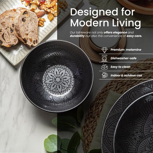 bzyoo 12 Piece Black Melamine Dinnerware Set - Durable, Dishwasher Safe Black Plates and Bowls - Ideals for Parties, Camping Dish Set La La Mandala