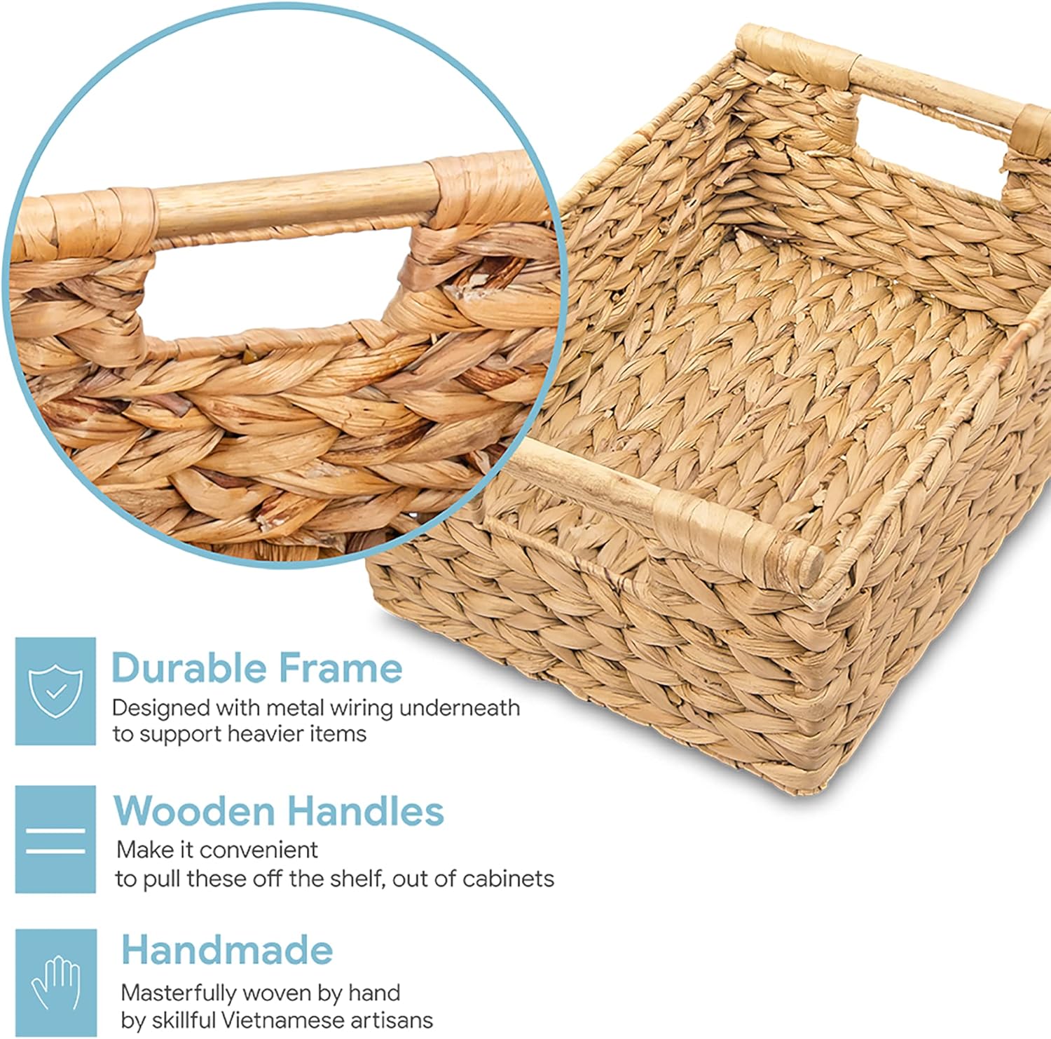VATIMA Medium Wicker Basket - Stylish Hyacinth Design with Handle | Perfect for Living Room Decor (13.6x9.5x5.6")