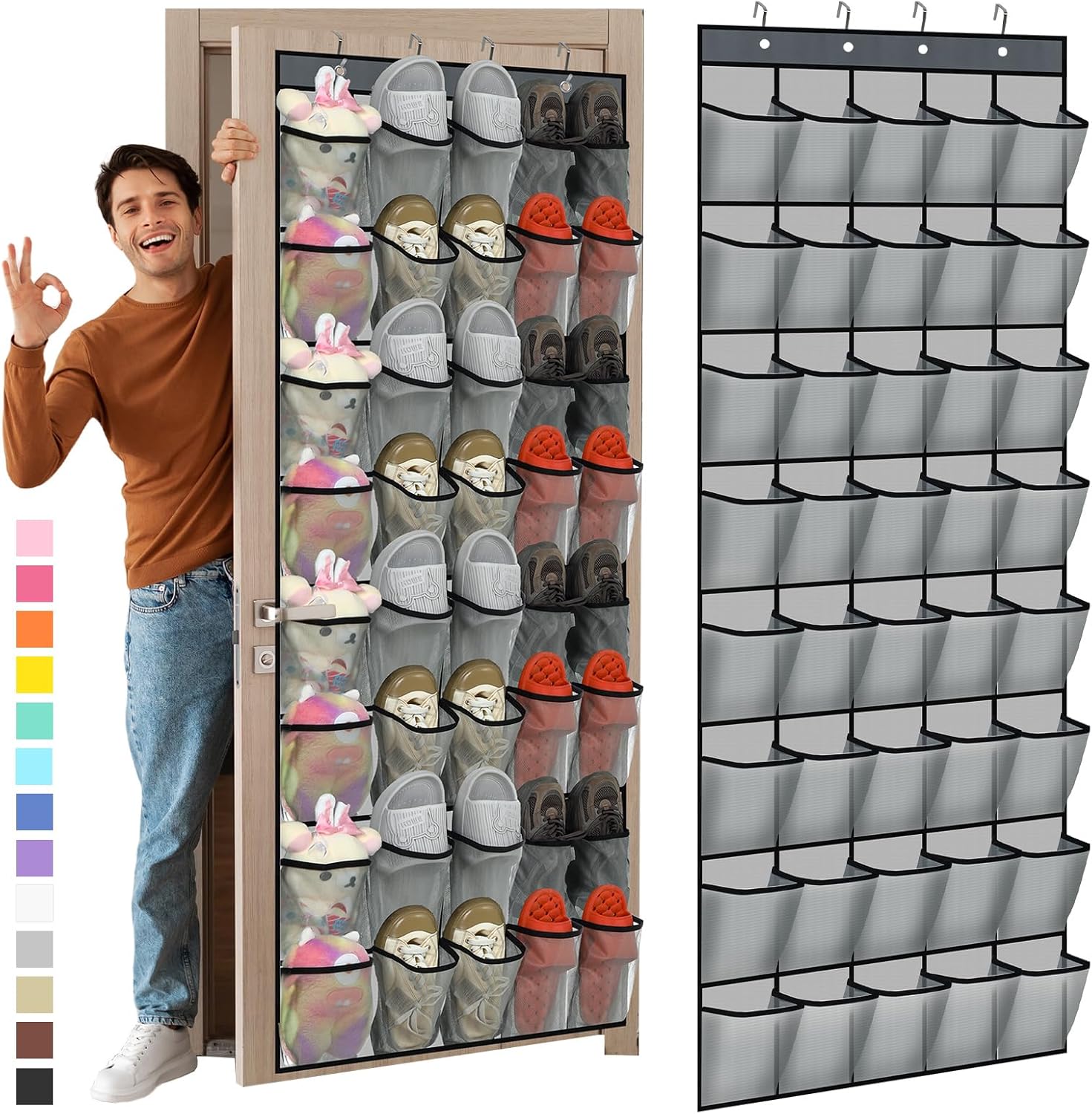 Windyun Over The Door Shoe Organizer - Large Capacity Gray Hanging Rack for Dorm, Closet & Entryway