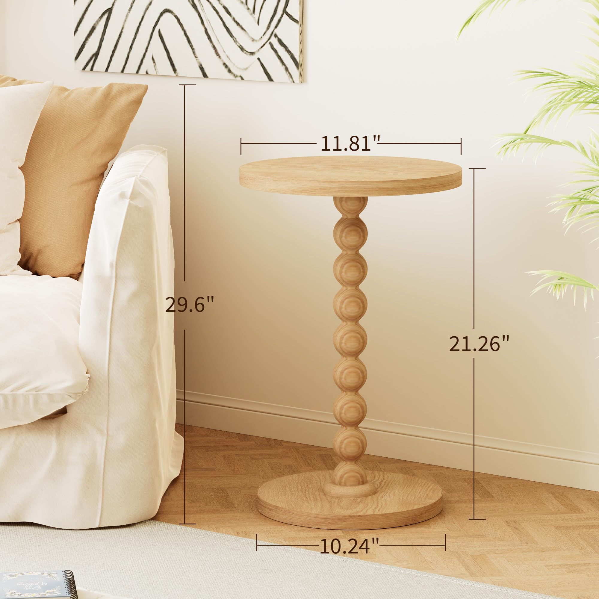 TEROL Round Side Table, Drink Table for Small Spaces, Modern Accent Nightstand with Rubberwood Leg for Living Room, Bedroom, Corners, and Office (Natural)