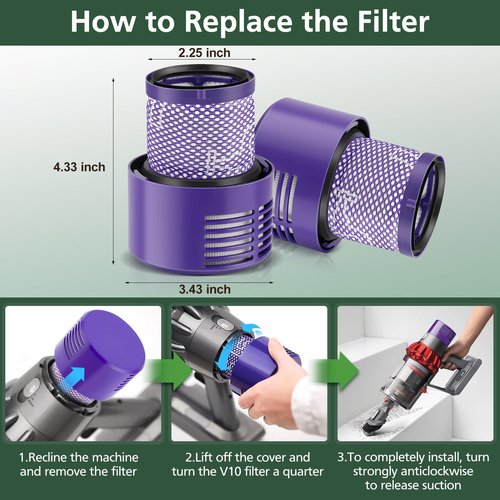 2 Pack V10 Filters Replacement for Dyson Cyclone Series, Cyclone V10 Absolute, Cyclone V10 Animal, Cyclone V10 Motorhead, Cyclone V10 Total Clean, SV12, Replaces Part # 969082-01