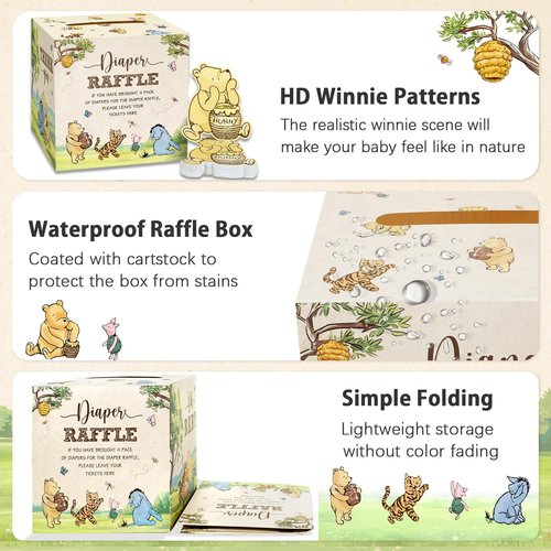 51Pcs Classic Winnie Bear Baby Shower Decorations Diaper Raffle Box with Tickets, Neutral Vintage Bear Baby Shower Games Winnie Gender Reveal Decorations (Neutral)