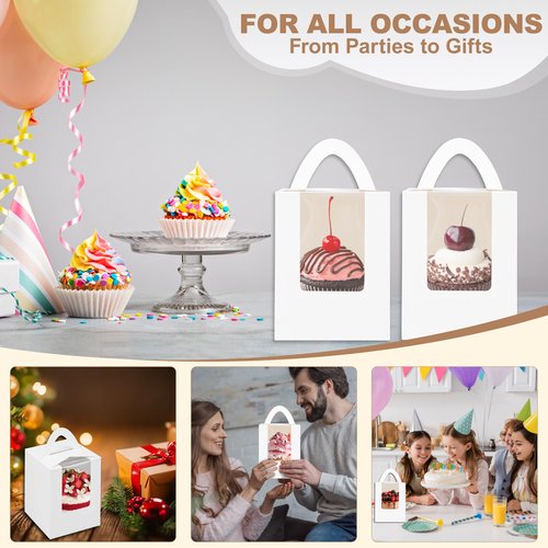 KGVZPT 60 Packs White Cupcake Boxes Carriers with Window&Inserts Handle,3.5x3.5x4.5 Inch,Portable,Individual Cupcake Containers Cardboard Holders for Cookies,Donuts,Candy,Muffins(with Stickers)