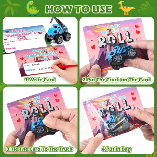 SANANT Valentines Day Cards for Kids School - 24 Pack Pull Back Monster Dinosaur Truck Toys with Cards, Valentines Day Gifts for Kids, Valentines Classroom Exchange Prizes, School Party Favor Toys