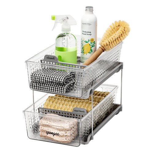 madesmart 2 Tier Organizer, Under Cabinet Storage with Pull Out Sliding Drawers, for Cleaning Supplies, Undersink, Sponges, Bottles & Bath, Adjustable Dividers & Pull Out Baskets, Grey