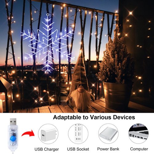 Christmas Snowflake Window Lights Decorations, 14" 63 LED 8 Lighting Modes Cool White Snowflake Light with Remote Control Timer, USB Powered Christmas Silhouette Window Lights for Home Xmas Decor
