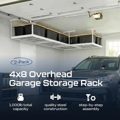 MonsterRax Overhead Garage Storage Rack - Adjustable Ceiling Shelving | 2-Pack, White, 24"-45" Height