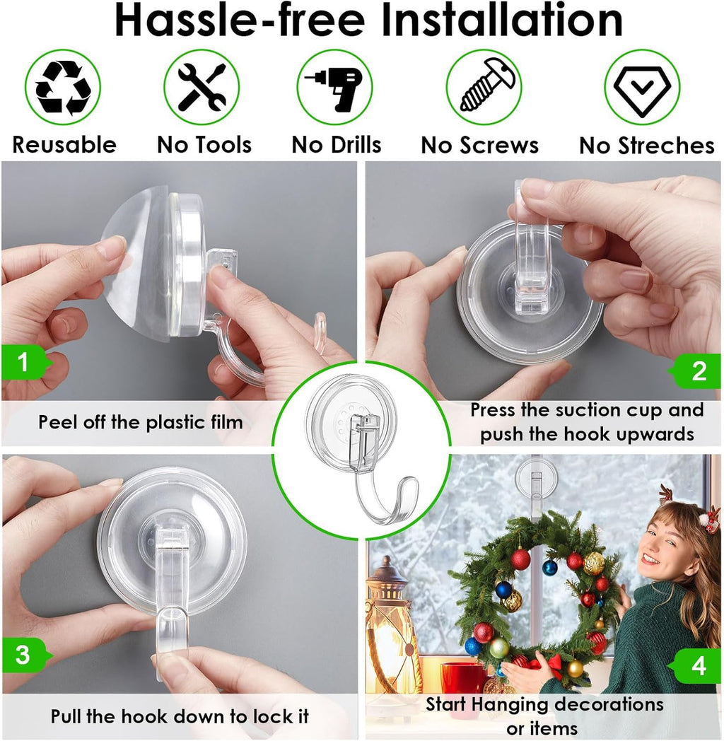 Clear Wreath Hanger - 22 LB Strong Suction Cup Hooks for Fall & Christmas Decor | 2 Pack