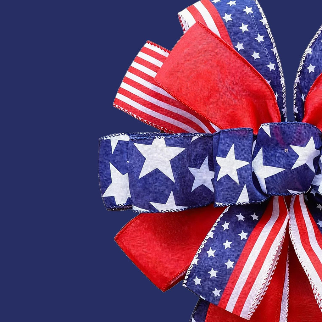 Patriotic 4th of July Tree Topper Bow by [Brand Name] - Large 52x13 Inch Pre-Tied Ribbon for Wreaths & Decor | Red, Blue, White