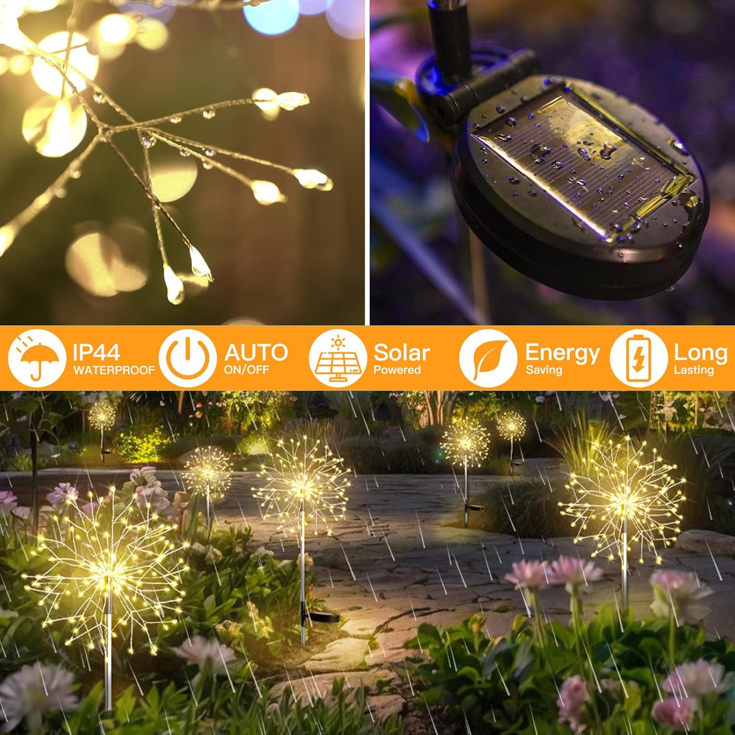 Suddus Solar Garden Lights - Waterproof 150LED Decorative Firework Lights | 2-Pack Warm White for Yard & Patio